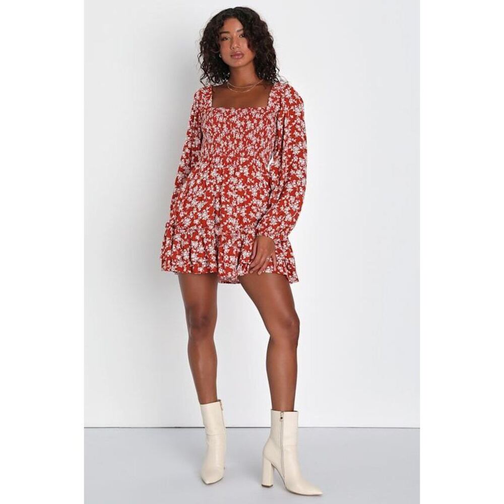 Lulus Delightful Dreams Rust Floral Smocked Balloon Sleeve Mini Dress Orange